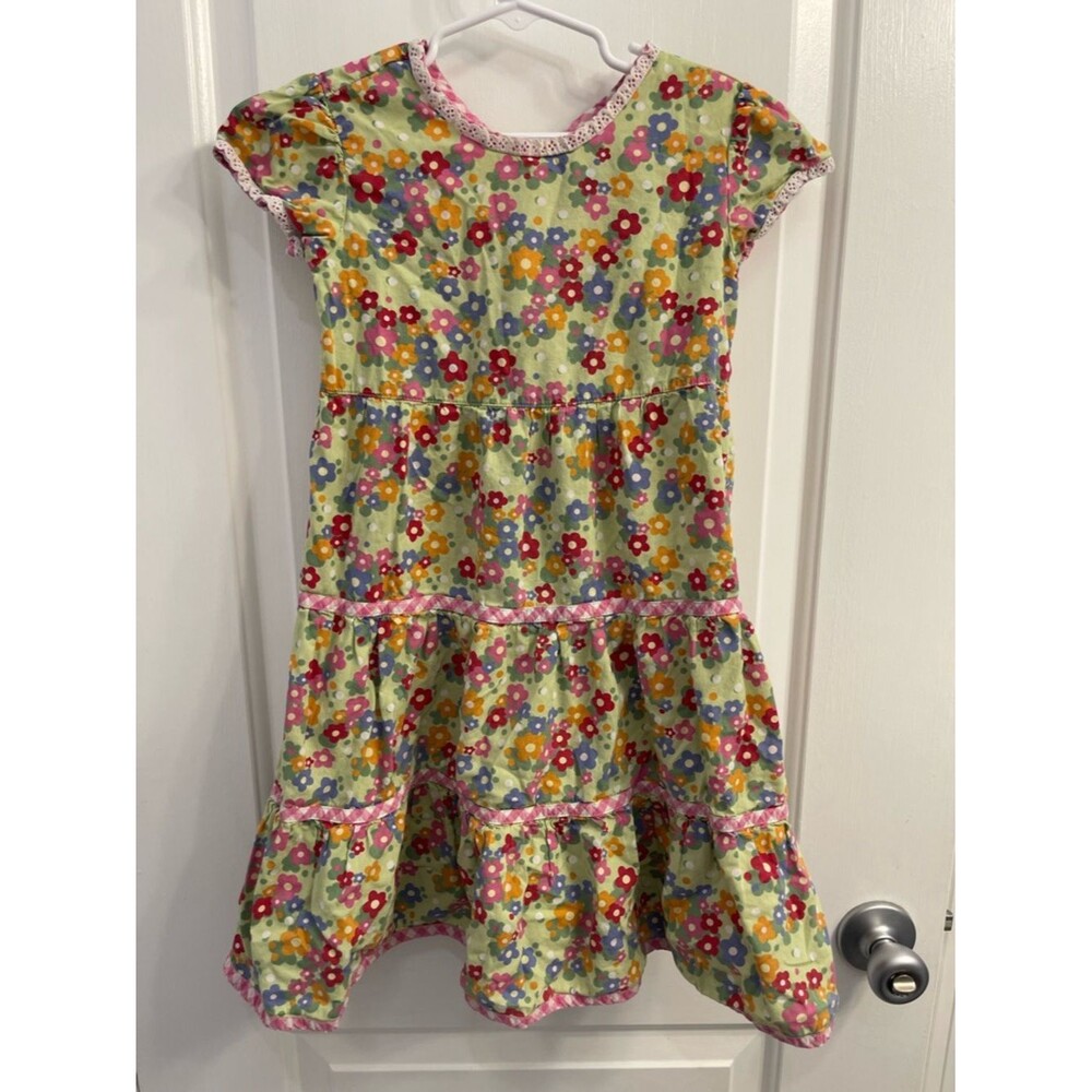 Hanna Andersson Light Green Floral Tiered Dress with Pink Trim